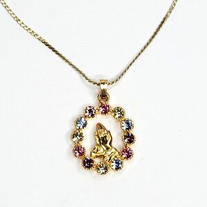 Vintage Praying Hands Pendant Necklace Rhinestones Pink Purple Blue Goldtone